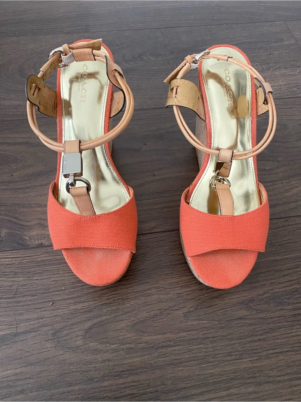 Coach Orange Canvas Cork Wedge Sandals with Tan Leather Straps